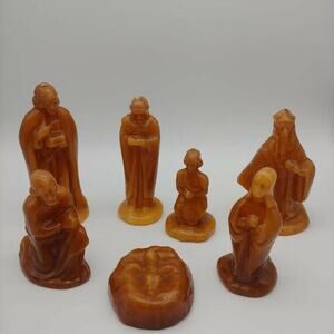 Set of 7 Vintage Nativity Scene Candles Brown Gold MCM Mid Century